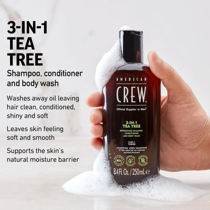 American Crew 3-in-1 Shampoo, Conditioner & Body Wash for Men – Tea Tree Scent (3.3 Fl Oz)