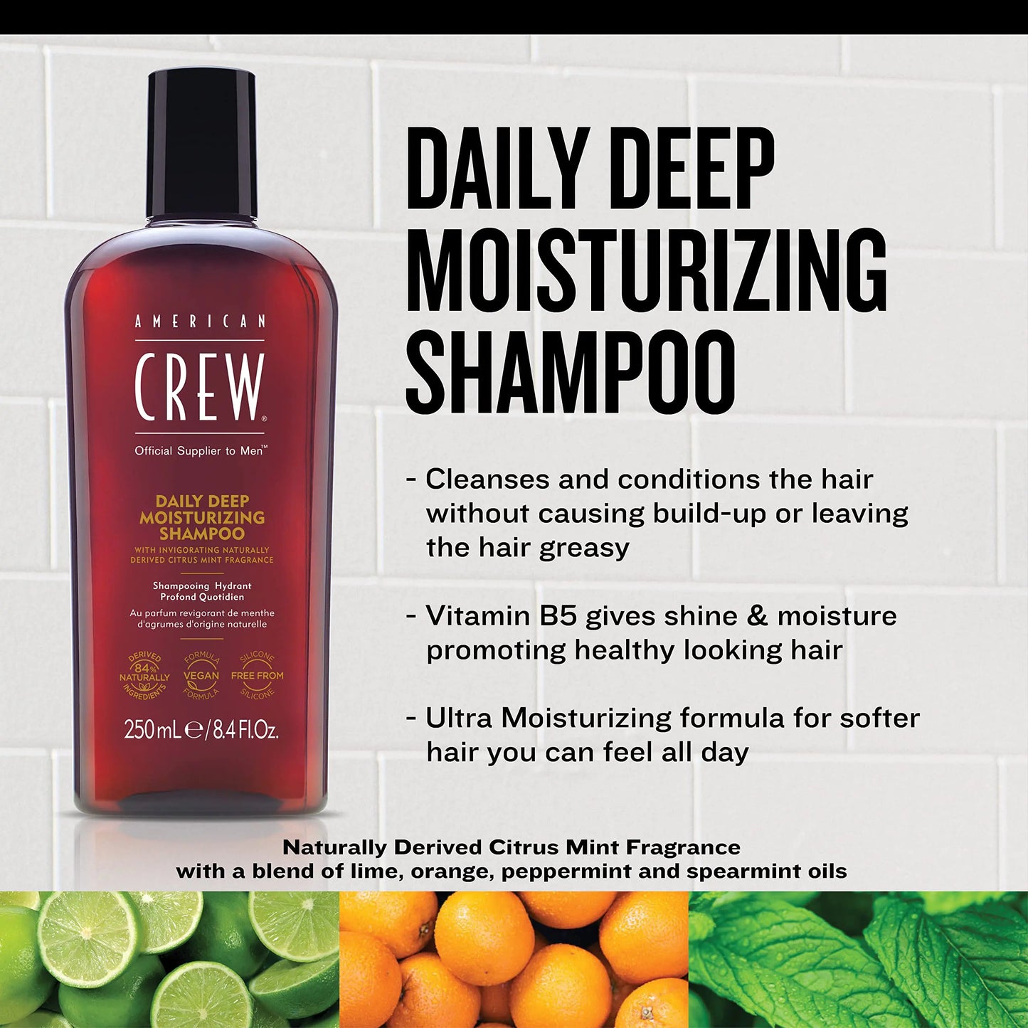 American Crew Shampoo for Men, Daily Deep Moisturizer, Naturally Derived, Vegan Formula, Citrus Mint Fragrance, 3.3 Fl Oz